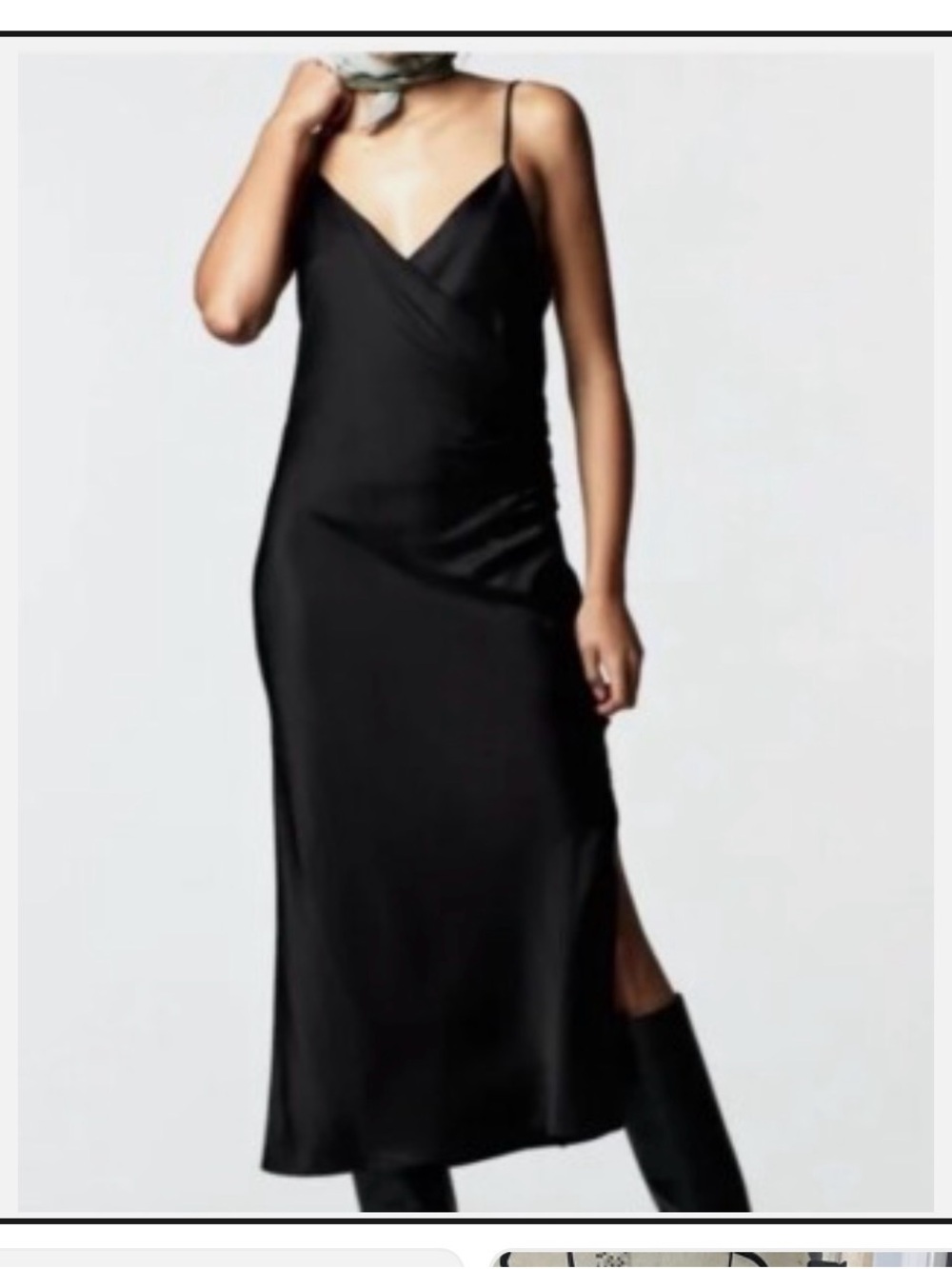 Zara Black Satin Slip Midi Dress with Spaghetti Straps